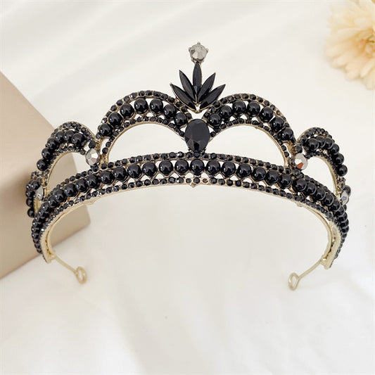 6cm high black stone bridal crown with an intricate design, perfect for adding a touch of dark elegance to bridal looks.