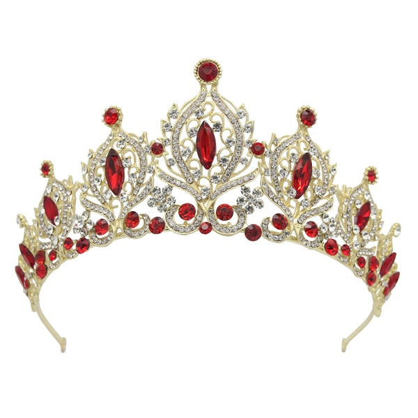 Royal Red & Gold Bridal Crown with intricate gold design and sparkling red crystals.