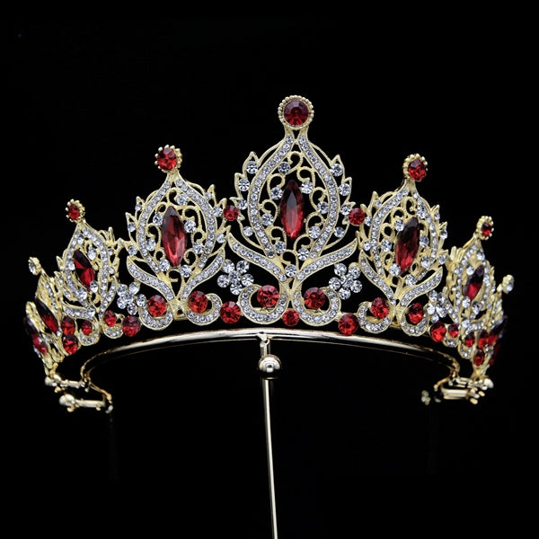 Royal Red & Gold Bridal Crown - Luxurious Crystal Tiara