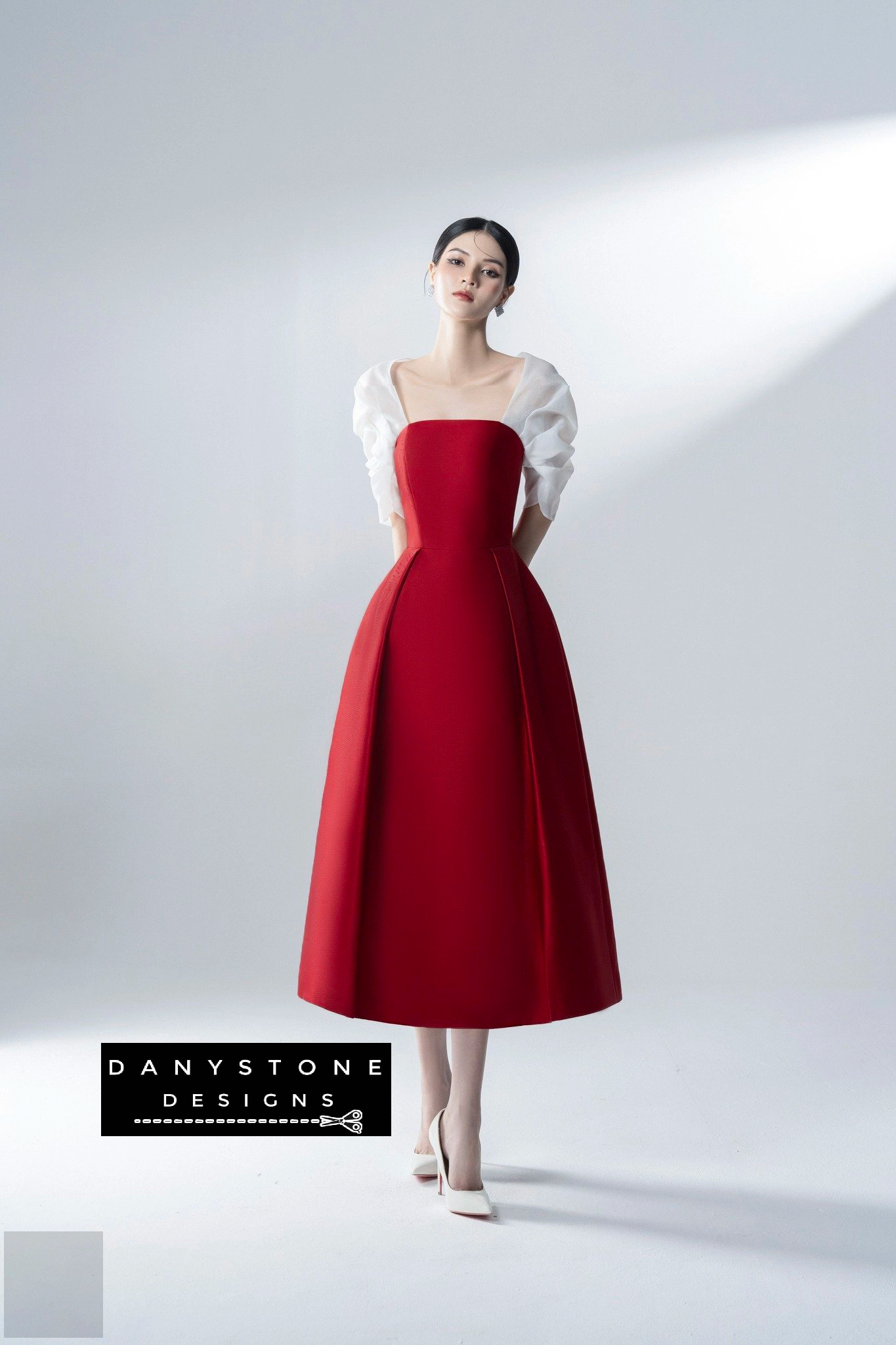 Radiant Ruby Silk Dress with Whispery White Sleeves Front View