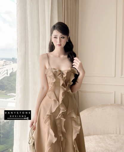 Brown 2-Strap Ruffled Dress Front View