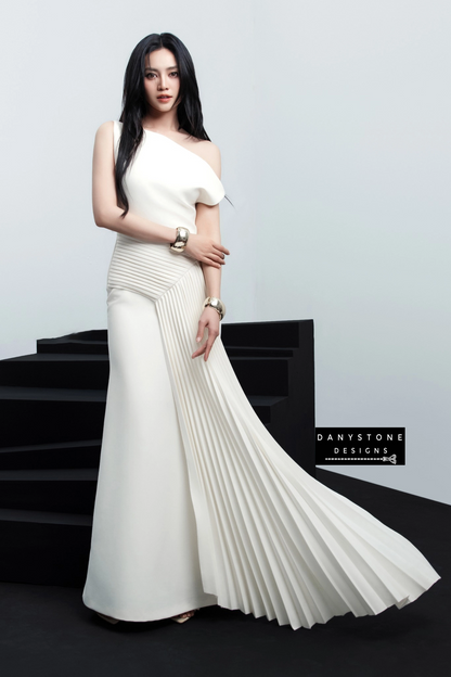 White One-Shoulder Pleated Gown Styled with Elegant Accessories