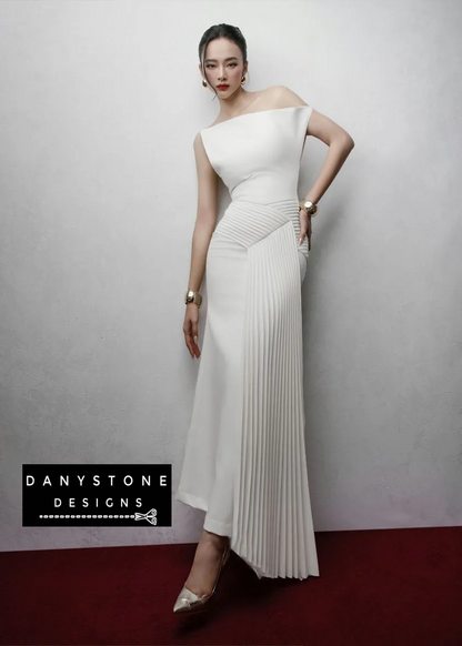 White One-Shoulder Pleated Gown Front View