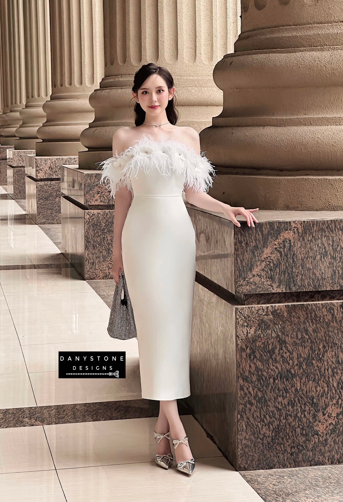 Glamorous feathered off-shoulder bodycon dress in white - full-length view