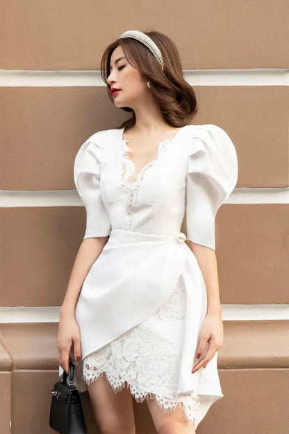 Elegant white lace puff sleeve dress front view