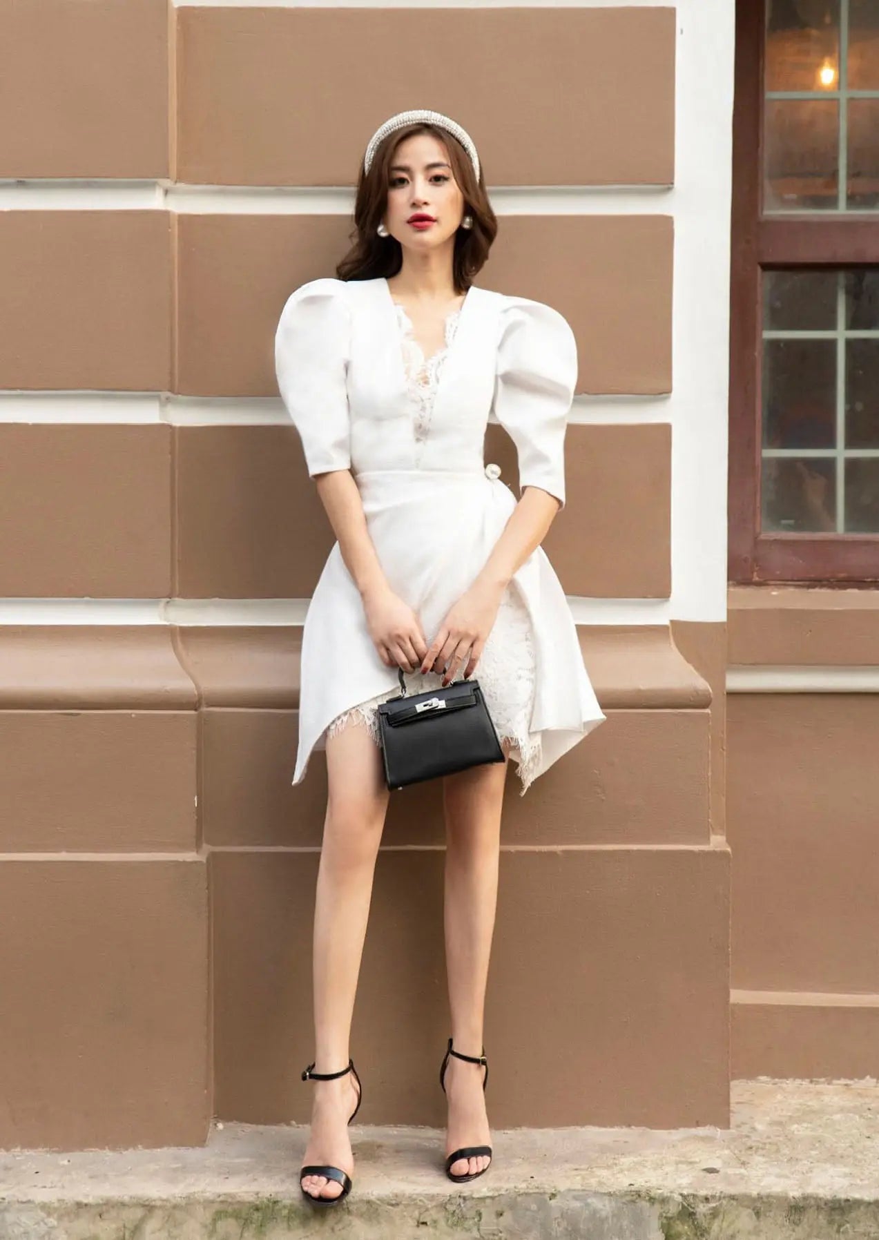 Chic white lace puff sleeve dress back view