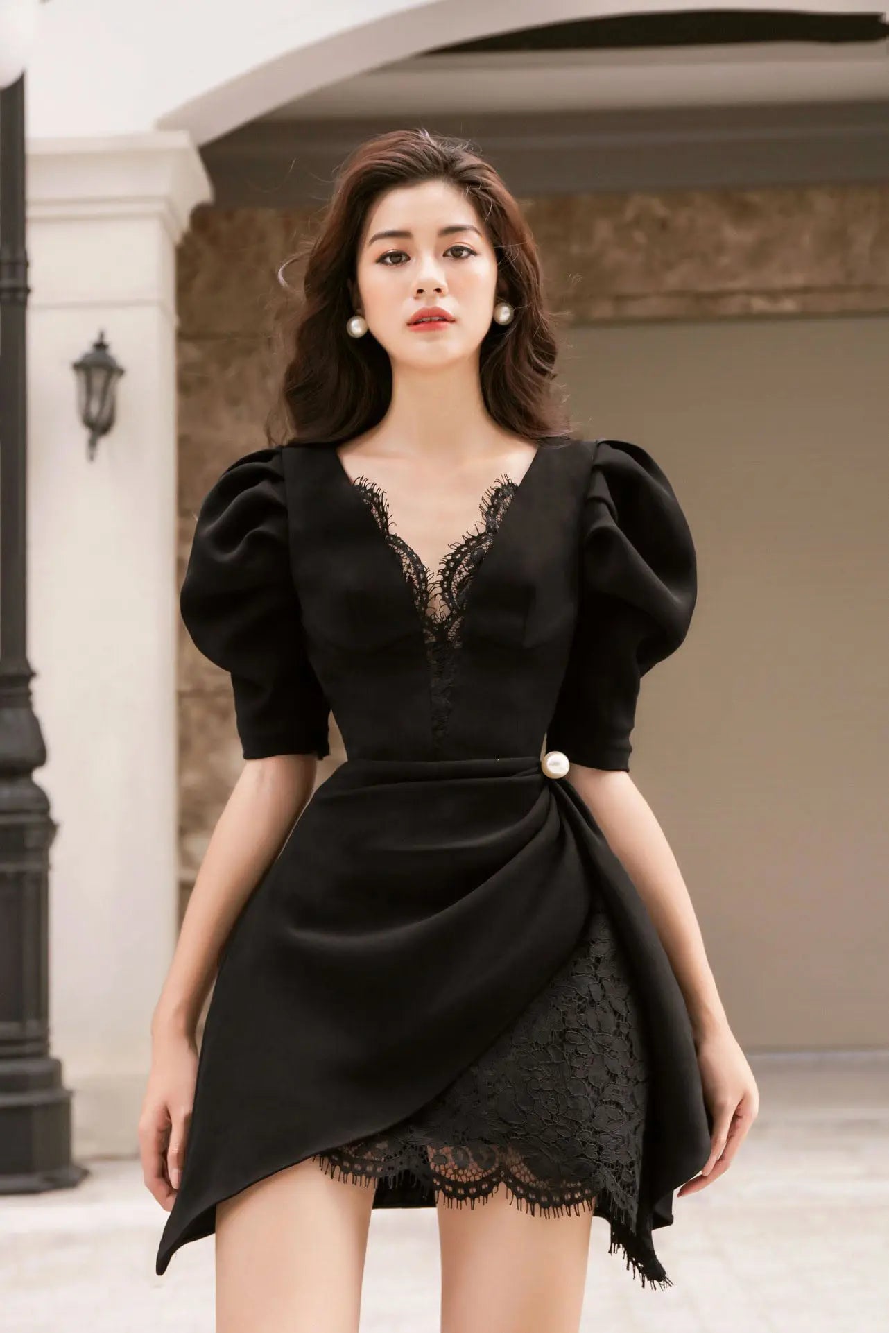 Chic black lace puff sleeve dress back view