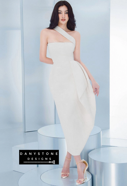 Model showcasing sophisticated one-shoulder tube dress in white