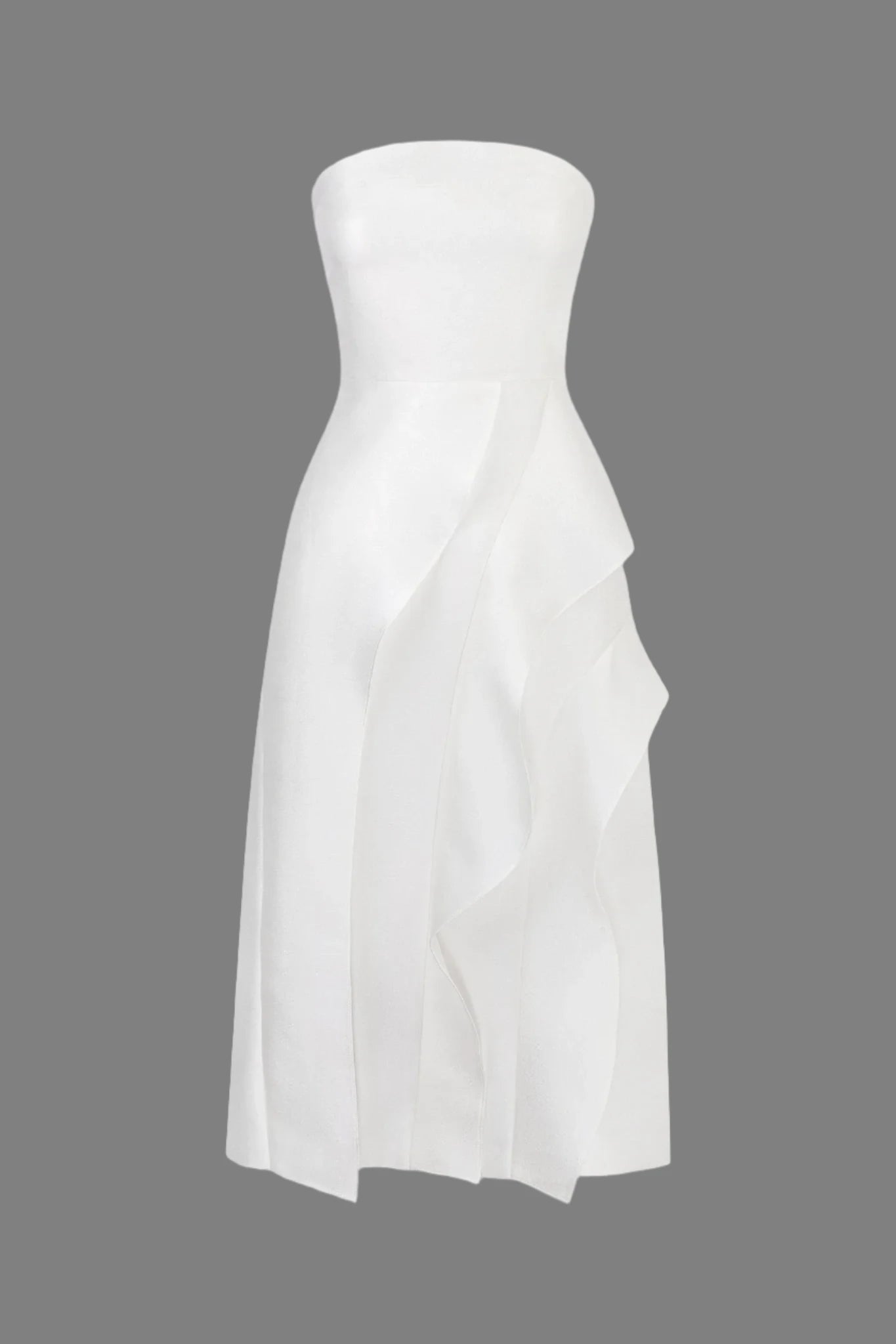 Detailed look at ruffled front of strapless dress in white