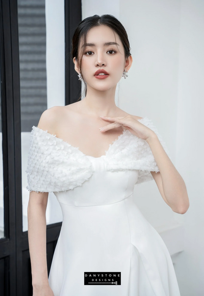 Elegant off-shoulder bow flared dress with chiffon in white - front view