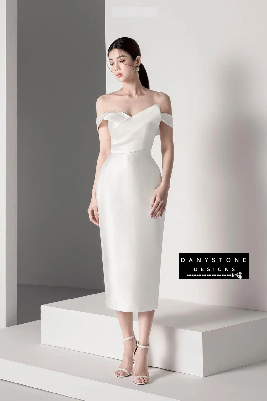 Belle of the Ball off-shoulder dress with puffy skirt in white - full-length view