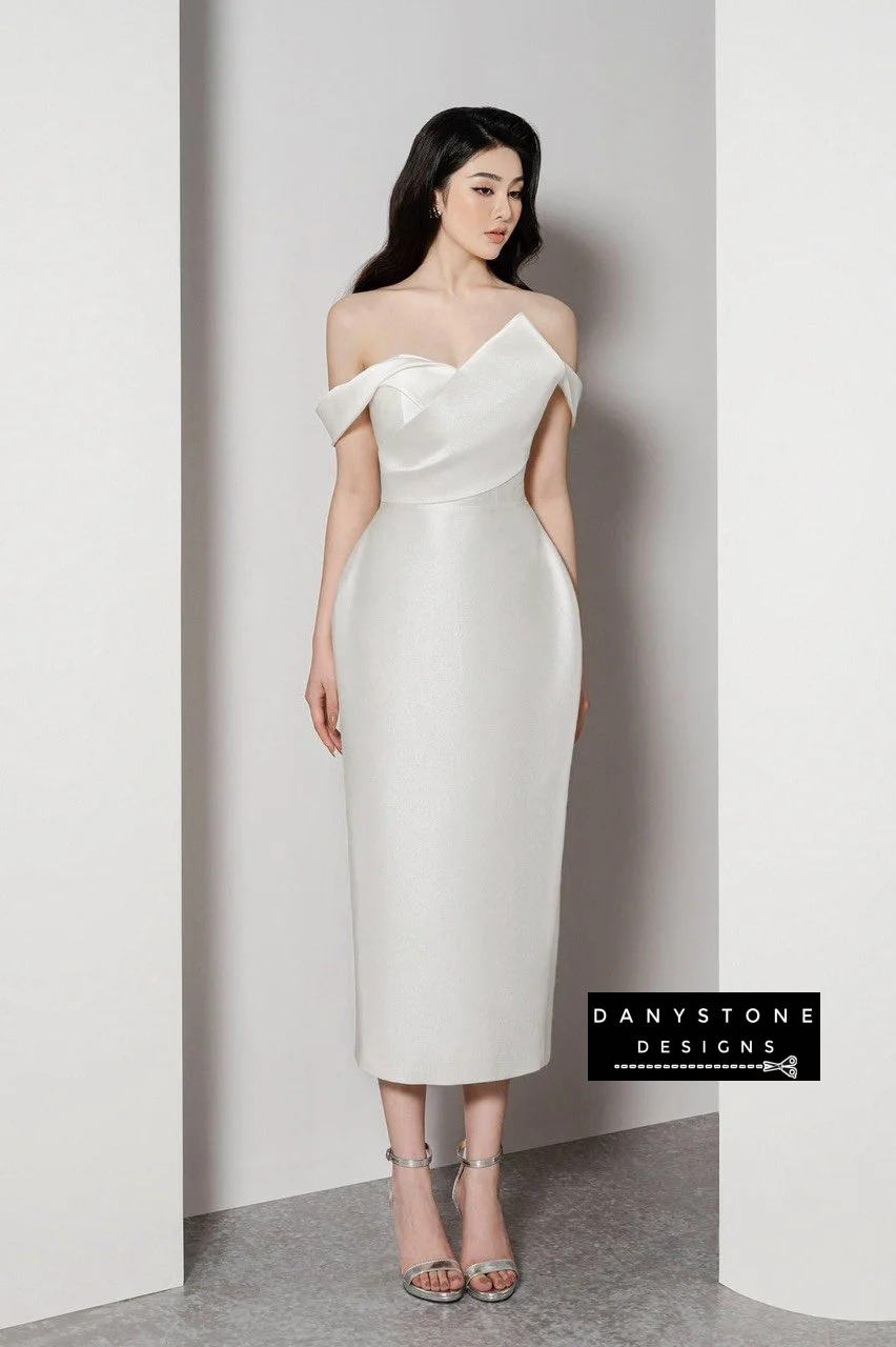 Stylish Belle of the Ball off-shoulder dress with puffy skirt in white - close-up