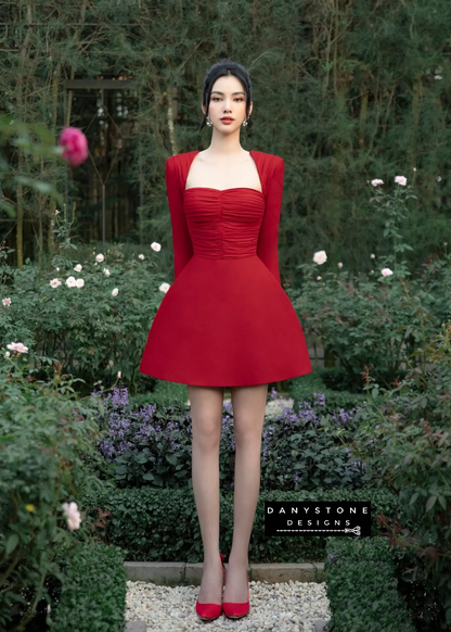 View of Red Silk-Pressed Long Sleeve U-Neck A-Line Dress Highlighting Fabric Quality