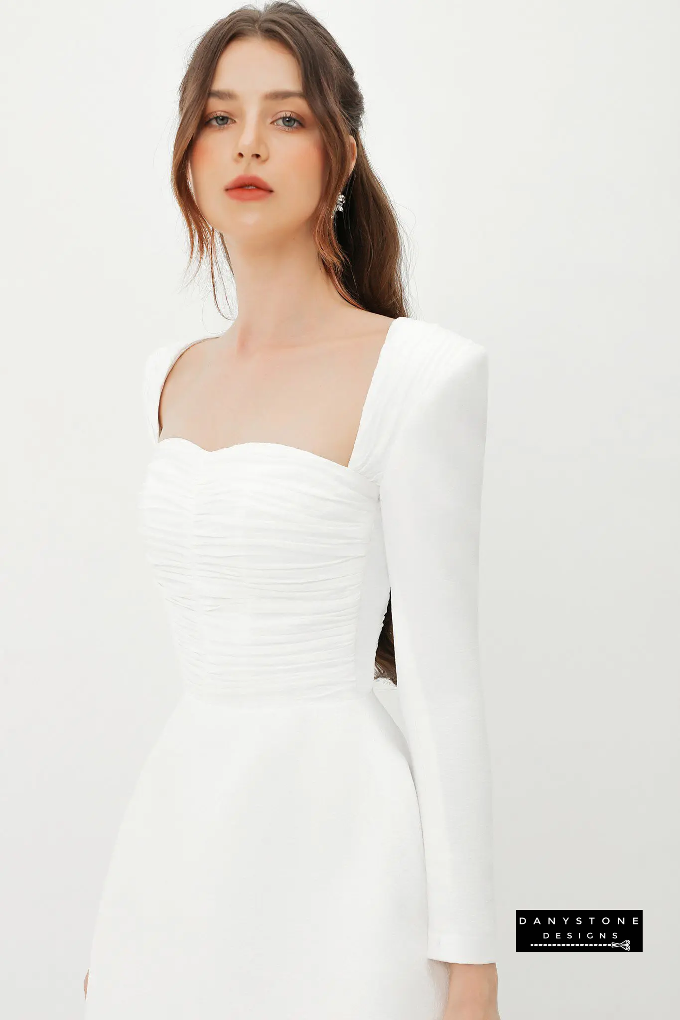 Elegant Silk-Pressed Long Sleeve U-Neck A-Line Dress in white , Front View