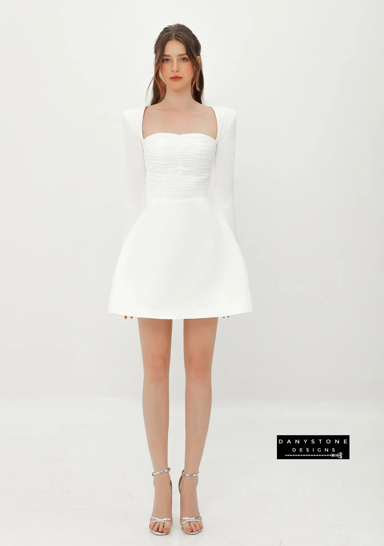 View of White Silk-Pressed Long Sleeve U-Neck A-Line Dress Emphasizing Fit and Style