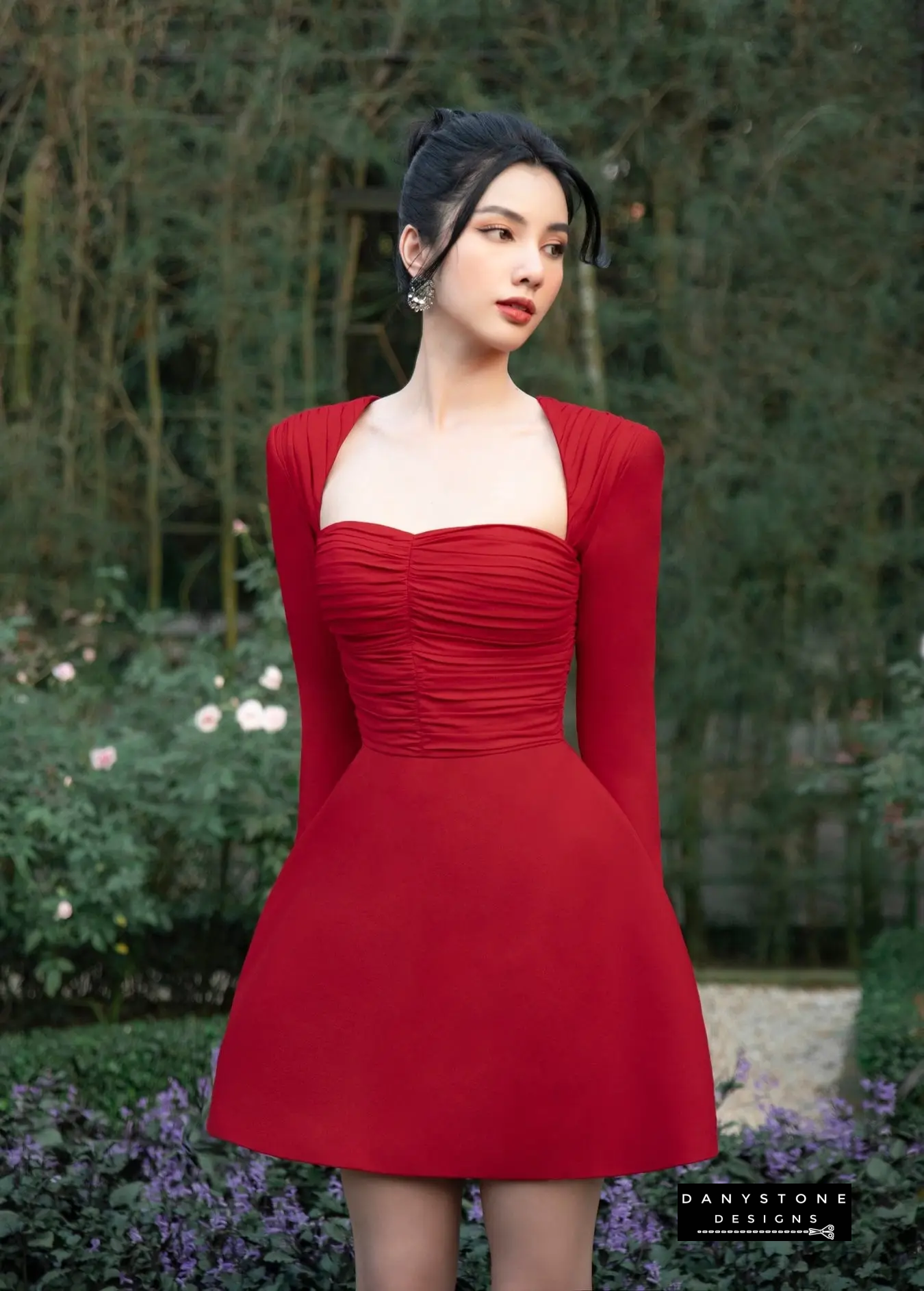 Red Silk-Pressed Long Sleeve U-Neck A-Line Dress in a Garden Setting