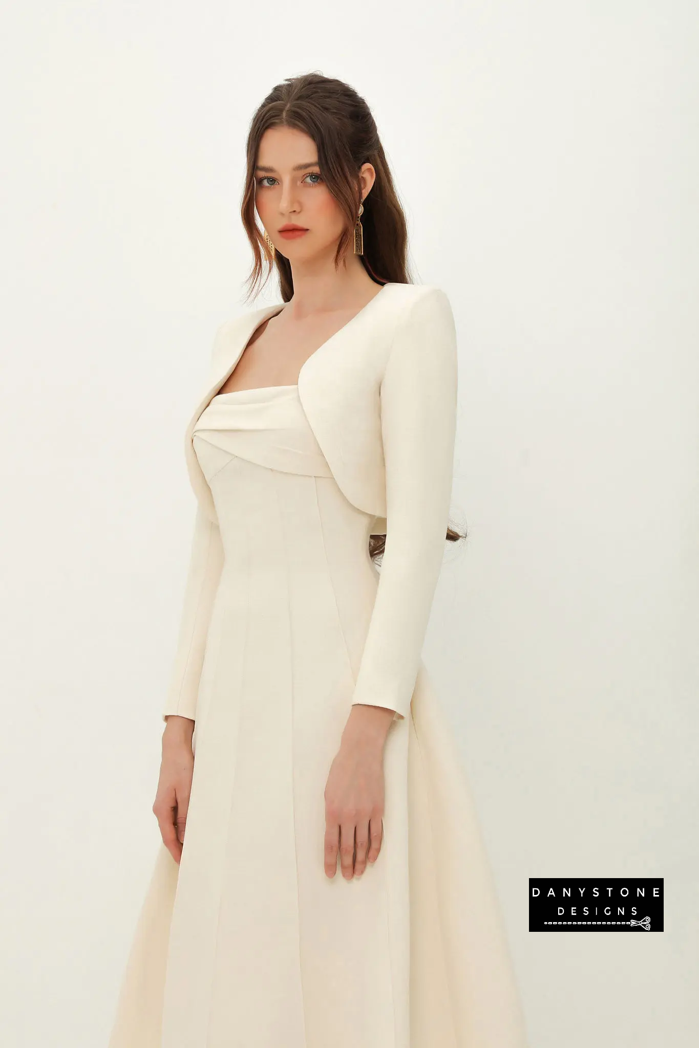 Cream Silk-Pressed Dress in Long Sleeve Style in Minimalist Setting