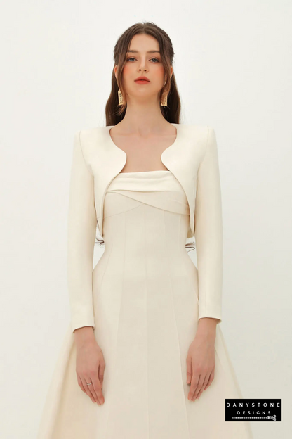 Front View of Convertible Cream Silk-Pressed Dress with Long Sleeves