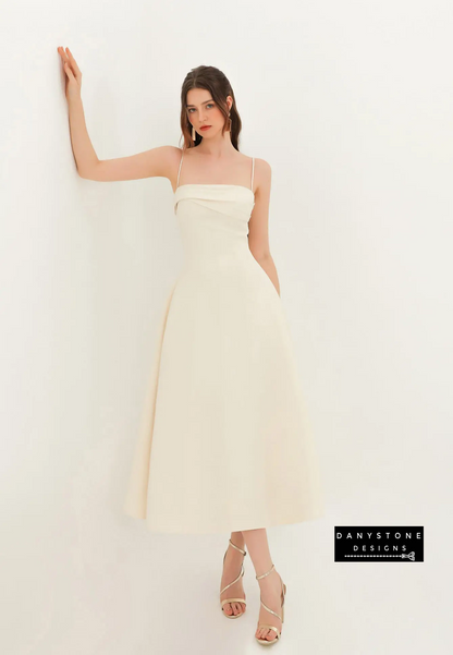 Full-Length View of Convertible Cream Dress with Strappy Heels