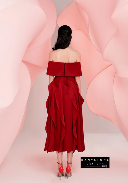 Back View of Red Off-Shoulder Ruffled Skirt Dress Showing Elegant Flow