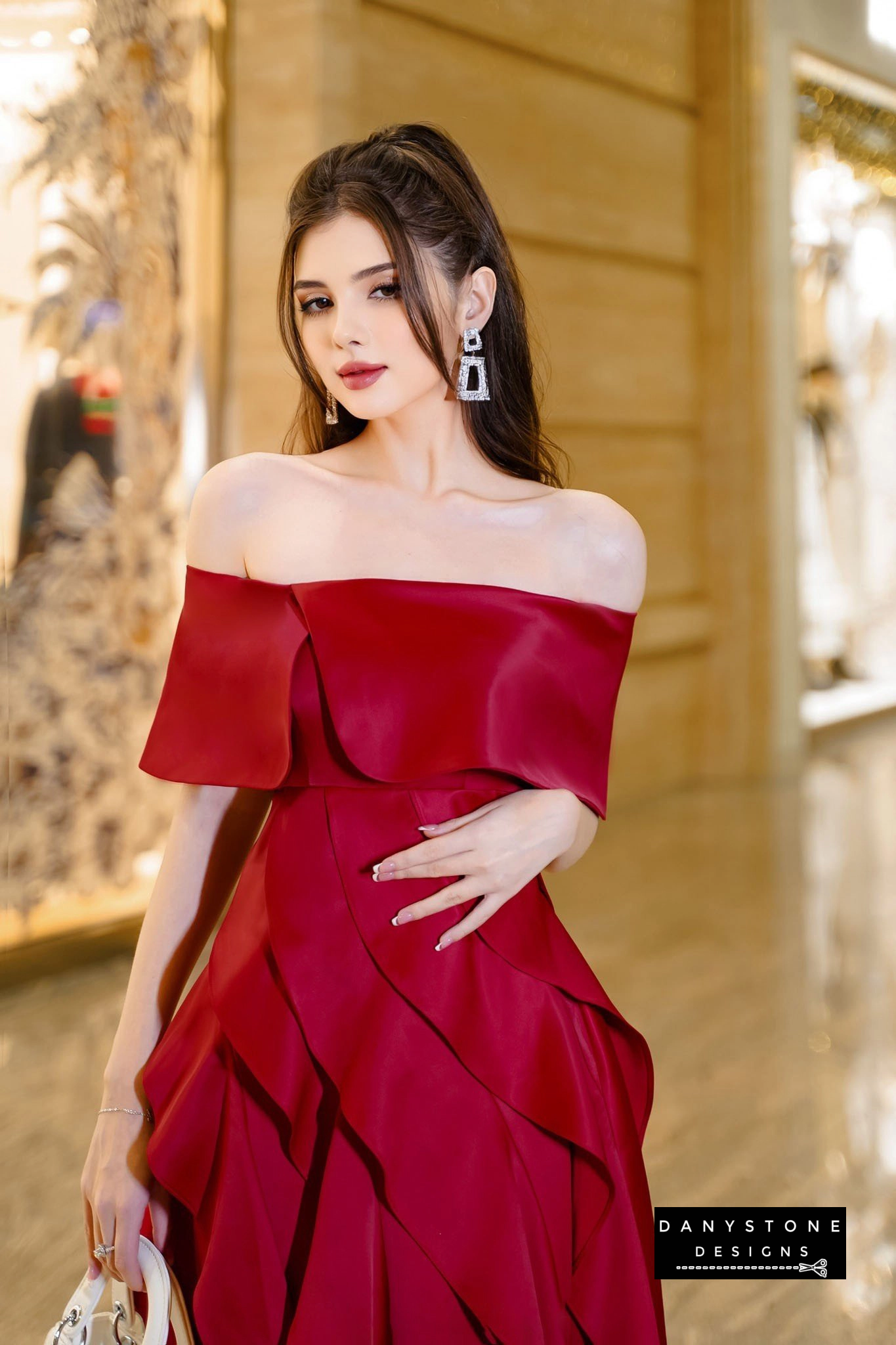 Full View of Red Off-Shoulder Ruffled Skirt Dress Showing Layered Design