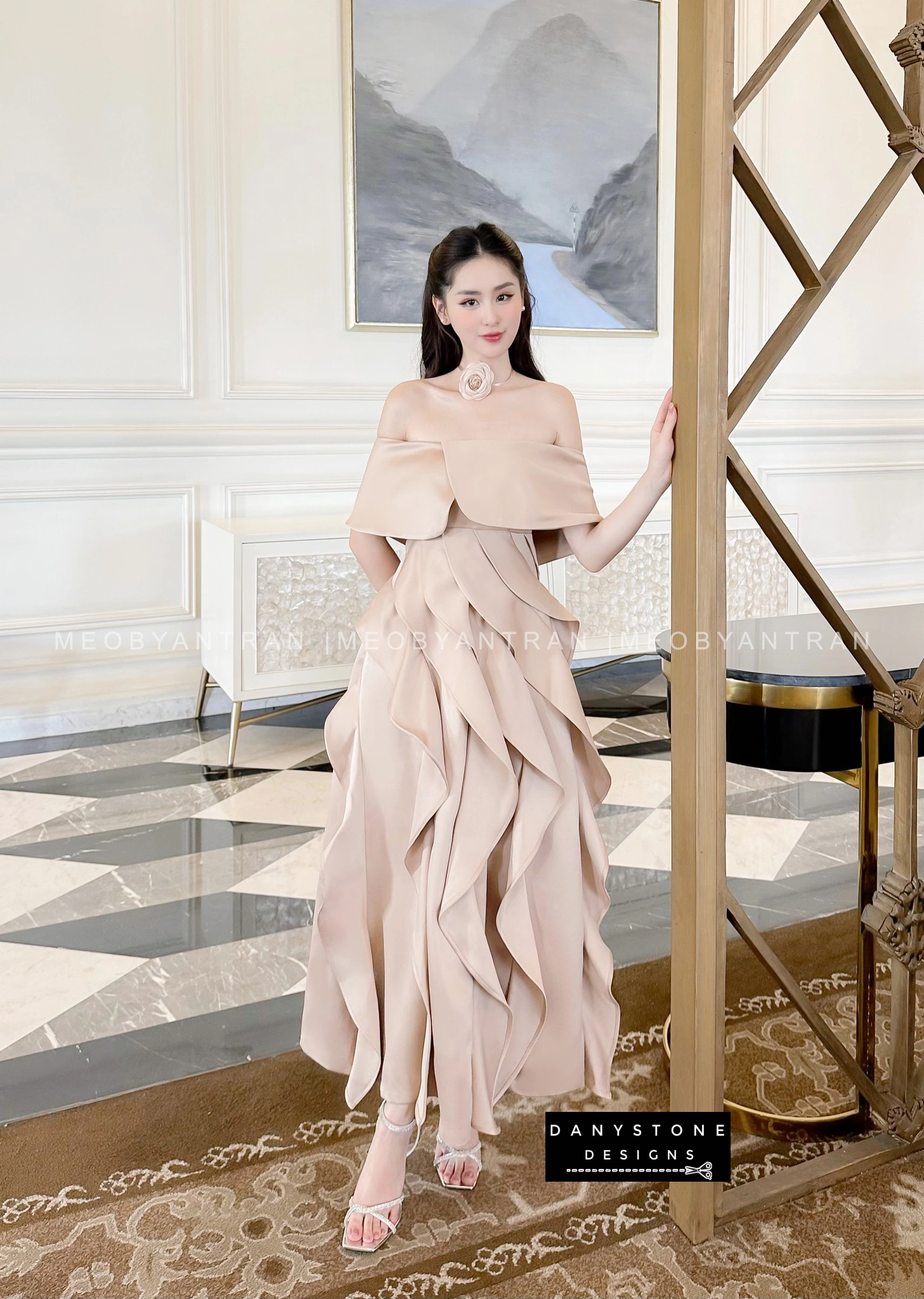 Full View of Nude Off-Shoulder Ruffled Skirt Dress Highlighting Design