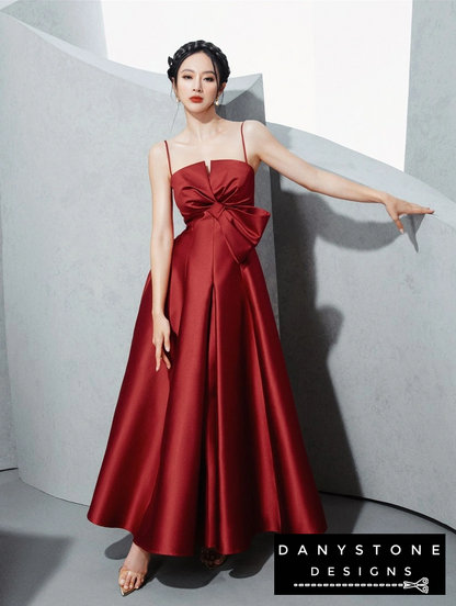 Full View of Red 2-Strap Bow Accent Dress Highlighting A-Line Skirt