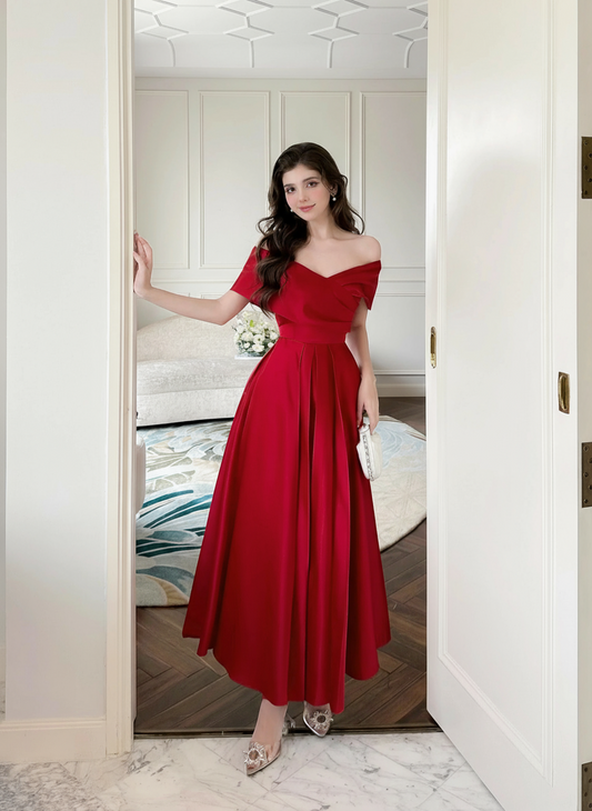 View of Red Off-Shoulder Dress Highlighting Flowing Silhouette