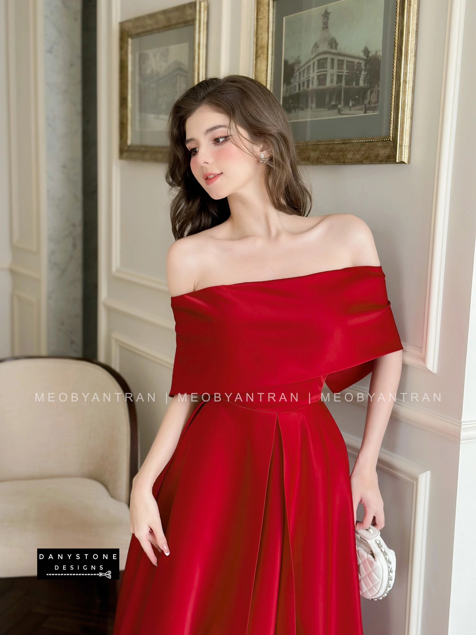 Full View of Red Off-Shoulder Party Dress Highlighting A-Line Skirt