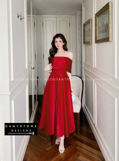 View of Red Off-Shoulder Dress Showcasing Silky Fabric and Design