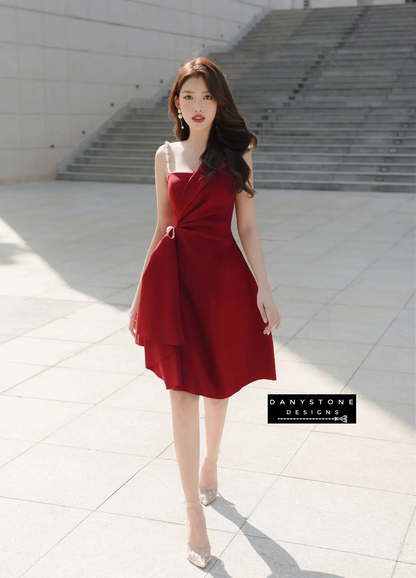 Full View of Red Flared Dress Highlighting Vest Collar and Silhouette