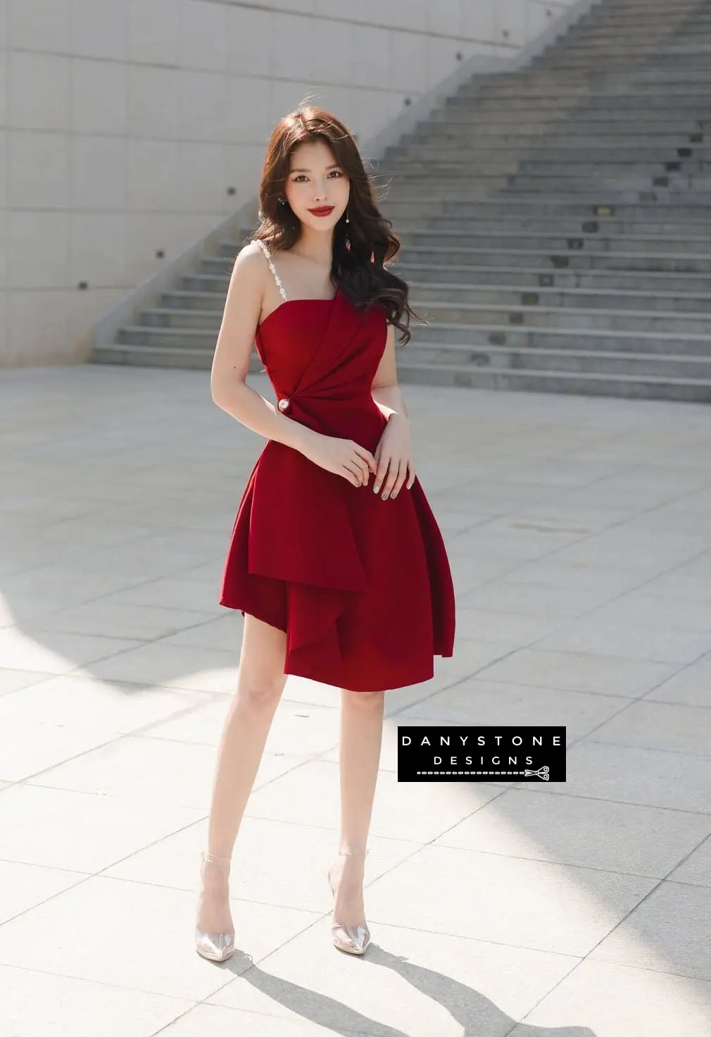 Side View of Red One-Shoulder Dress Showcasing Elegant Design