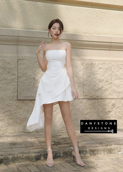 Full View of White Flared Dress Showcasing Diagonal Skirt Design