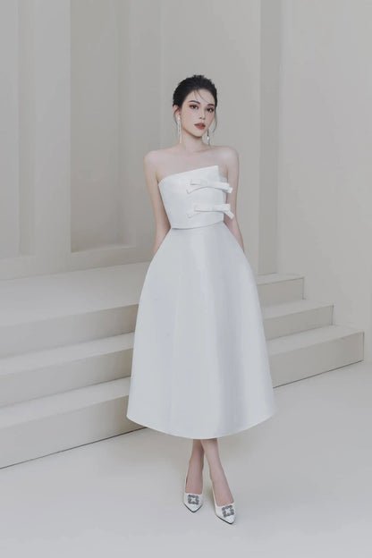 Elegant white A-line strapless dress front view