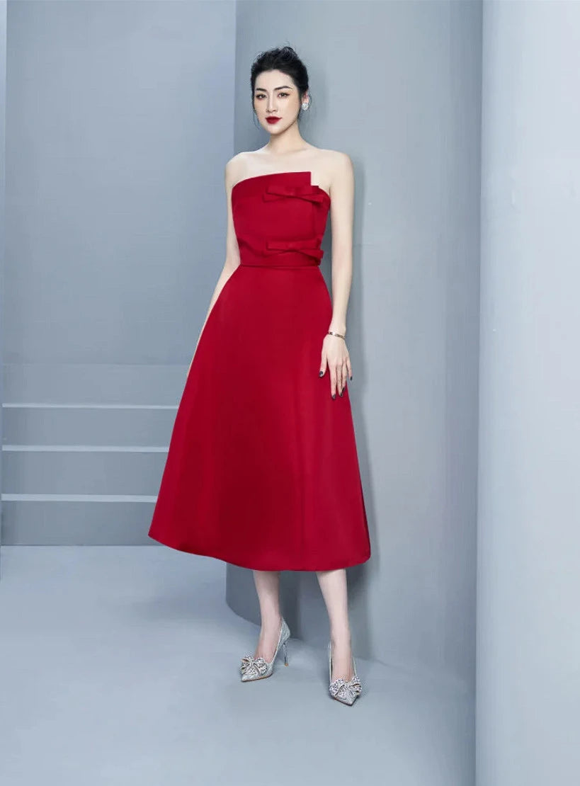 Elegant red A-line strapless dress front view