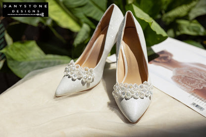 "Elegant wedding shoes with 10cm heel and white crystal bead flowers by Danystone Designs"