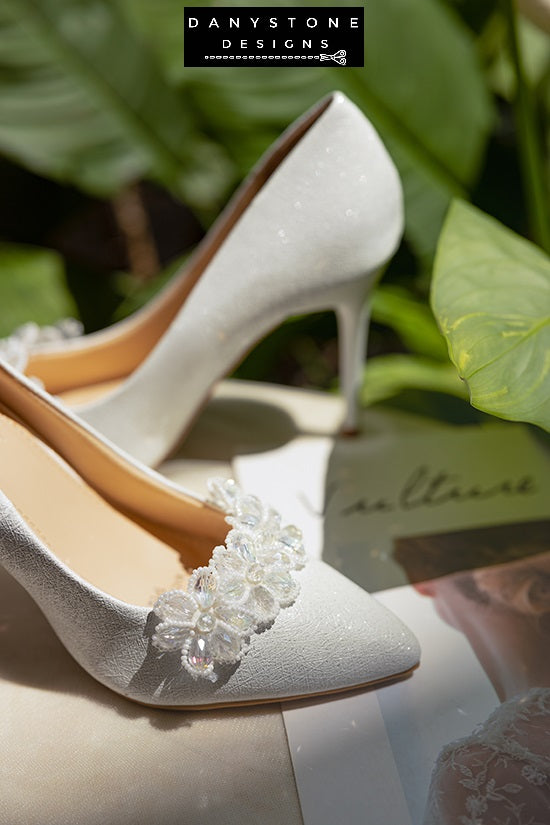 "Pair of 10cm crystal beaded wedding shoes displayed on a soft background"