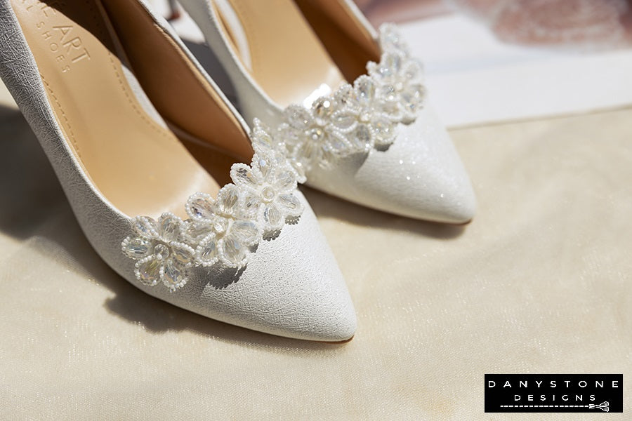 "Elegant 10cm wedding shoes showing intricate white crystal bead flower details"