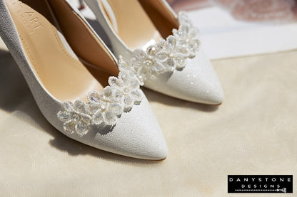 "Elegant 10cm wedding shoes showing intricate white crystal bead flower details"