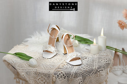 White Pearl Flower Wedding Sandals Danystone Designs