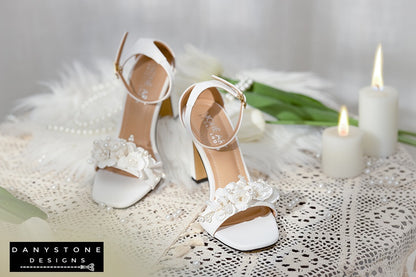 White Pearl Flower Wedding Sandals Danystone Designs