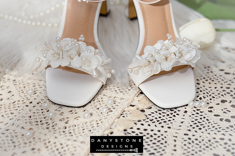 White Pearl Flower Wedding Sandals Danystone Designs