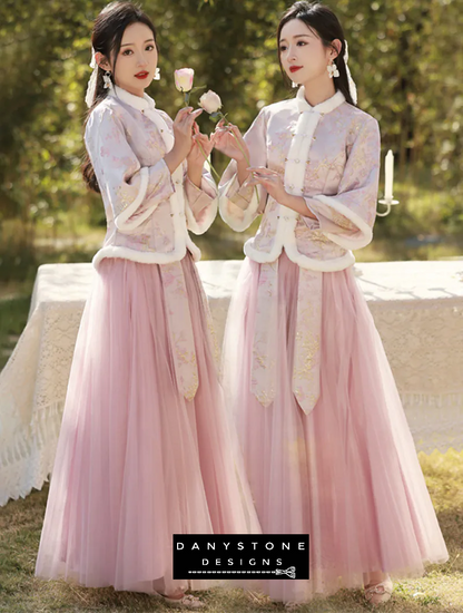 "Model wearing Chinese Style Winter Warm Wedding, Party, Pink Bridesmaid Dress"