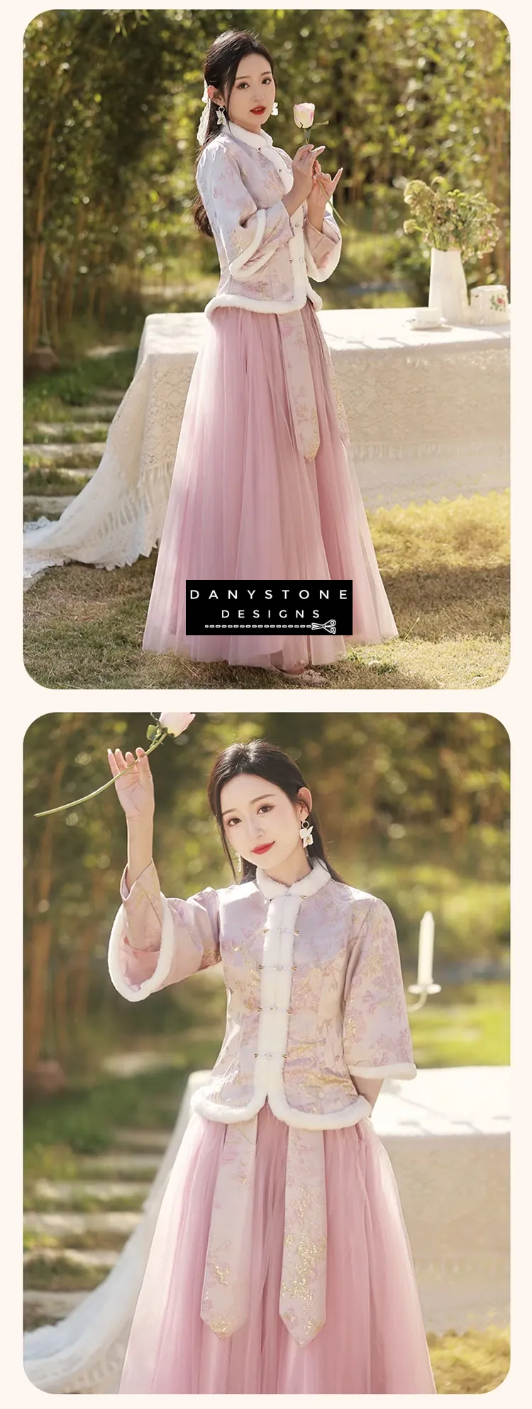 "Elegant pink bridesmaid dress with long sleeves in an outdoor setting"