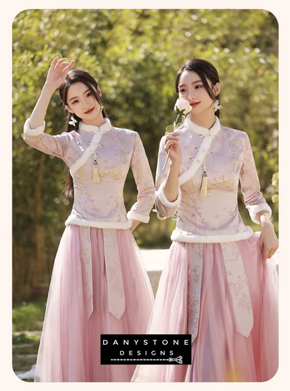 "Model holding a rose while wearing the pink Chinese style bridesmaid dress"