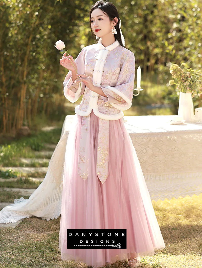 "Full-length view of the Chinese style pink bridesmaid dress in a garden setting"