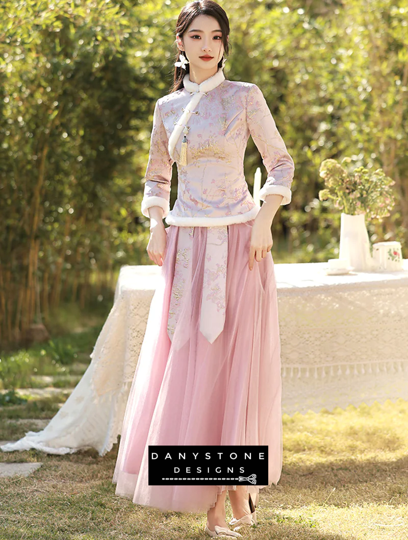 "Front view of the winter warm pink bridesmaid dress with cultural charm"