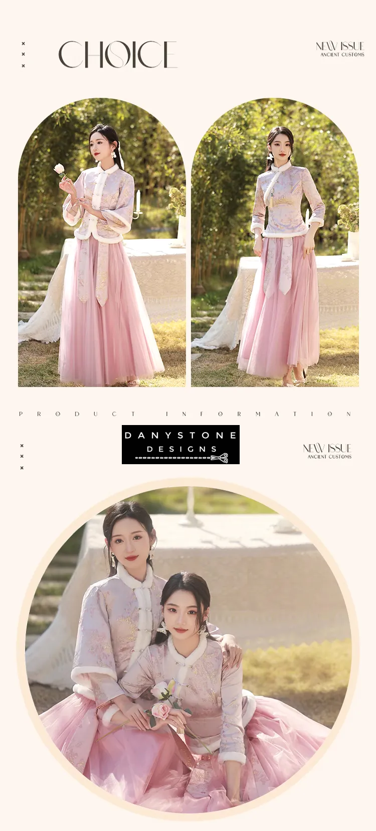 "Close-up of the embroidery and faux fur trim on the Chinese style bridesmaid dress"