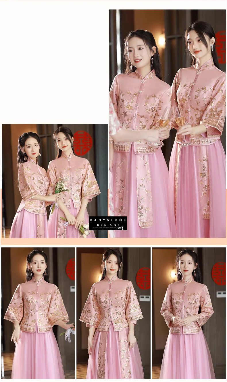 "Model wearing Classic Chinese Style Wedding Pink Embroidery Xiuhe Dress"