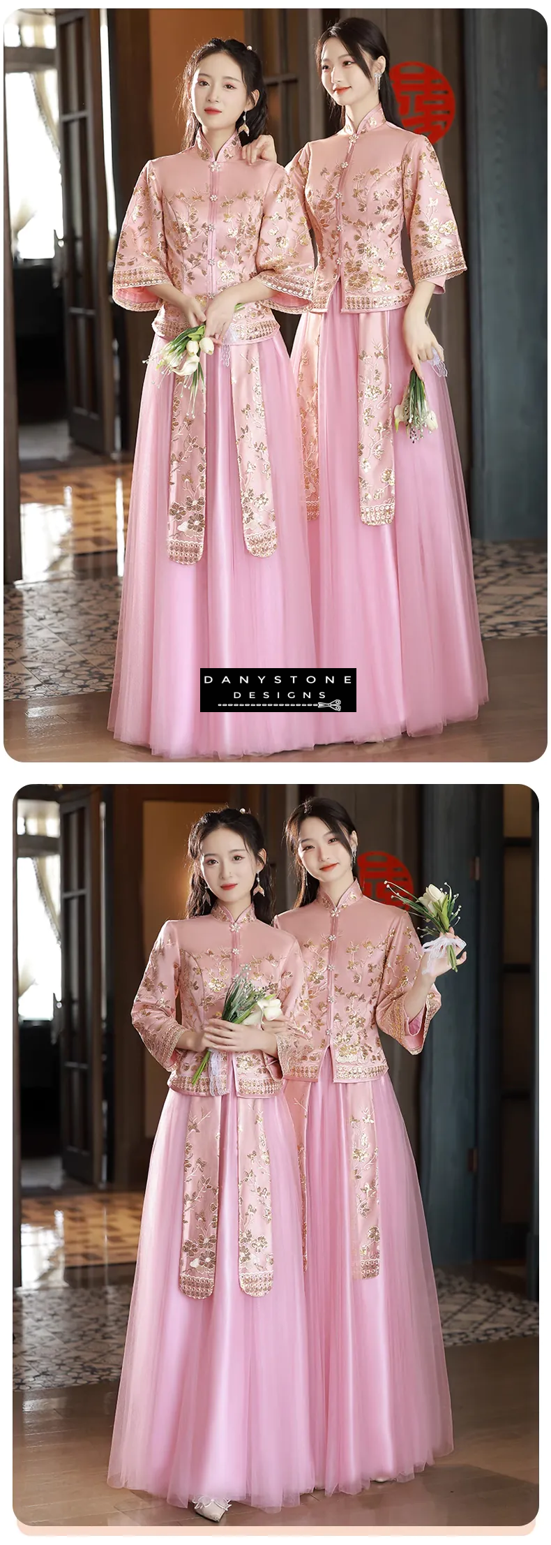 "Elegant embroidery on the Classic Chinese Style Pink Xiuhe Dress"